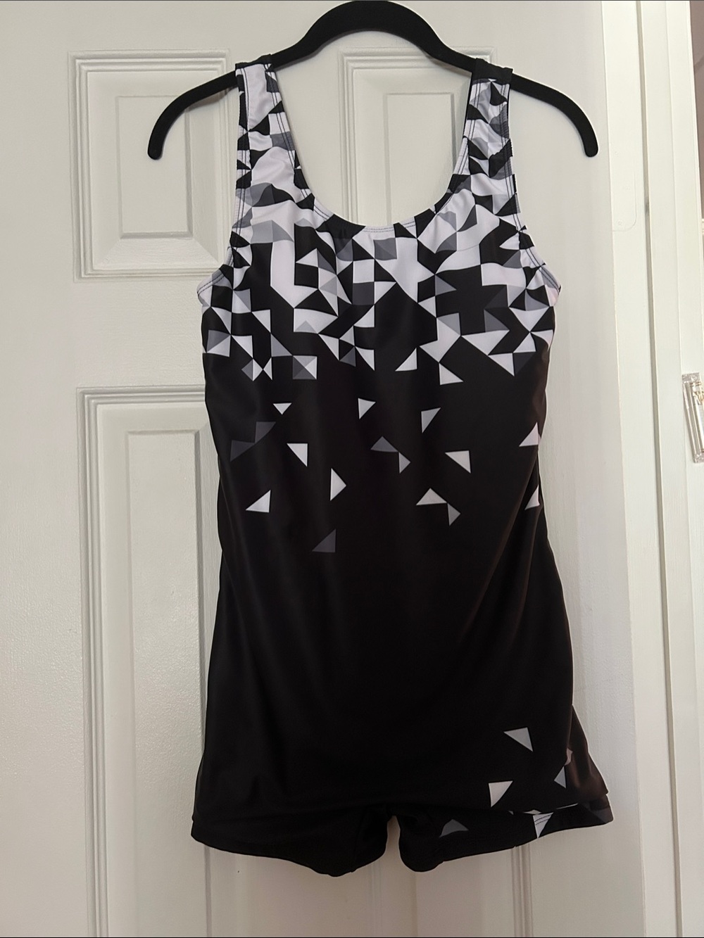Black & White Geometric Tank One-Piece Swimdress - Women's